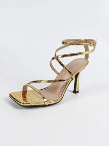 Qin TiNian 女士金色高跟凉鞋，新款春夏露趾系带正装鞋，适合婚礼派对，9 厘米优雅性感舞鞋，带踝带，手工制作的不对称不对称纹理 - 金色 - 查看 8