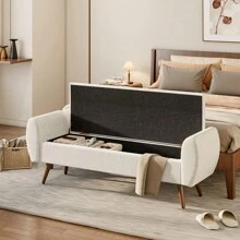 LIVINGANDHOME Living And Home Linen Upholstered Storage Bench - 151cm W x 47cm D x 55cm H  Beige - View 4