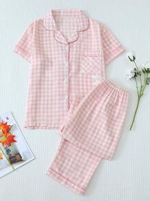 2pcs Women Plaid Print Pajamas Set, Short Sleeve Button Down Shirt And Pants, Casual Sleepwear For Home Use, Spring, Two Pieces Set