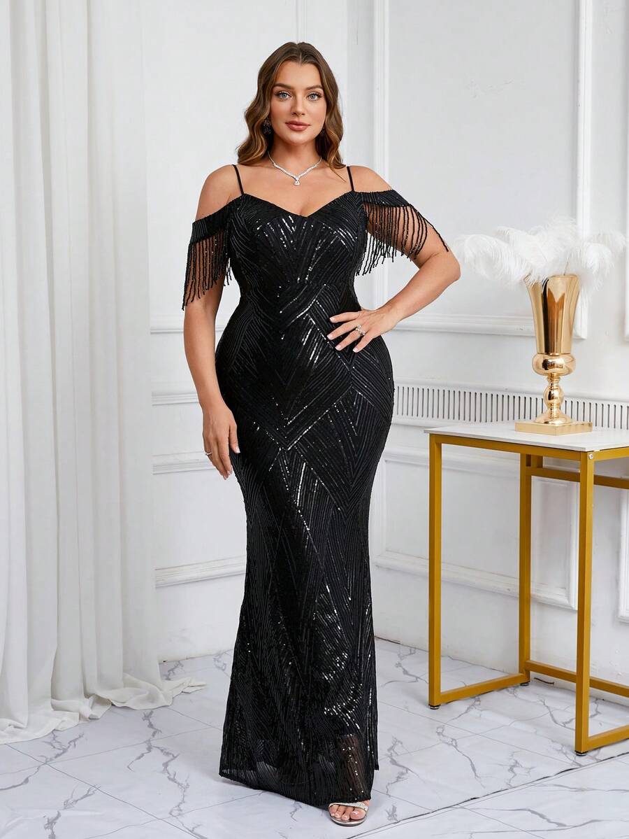 大码派对亮片露肩串珠晚礼服，黑色正式舞会礼服，适合婚礼嘉宾、毕业典礼、晚宴 - 黑色 - 查看 1