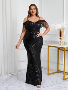 大码派对亮片露肩串珠晚礼服，黑色正式舞会礼服，适合婚礼嘉宾、毕业典礼、晚宴 - 黑色 - 查看 6