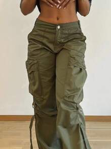Y2K Street Flap Pocket Tape Detail Loose Casual Wear Szerokie Nogawki Spodnie cargo typu Parachute