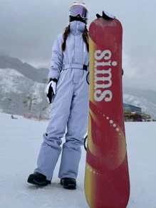 1pc Women's Solid Color Winter Outdoor One-Piece Ski Suit, Ideal Outdoor Ski Jumpsuit, Winter Women's Clothing, Taped Zipper Anti-Loss Design, Ski Suit Set With Zippered Pockets, Winter Sports Ski Suit, Sportswear, Suitable For Outdoor Activities, Winter Skiing Gear, Reinforced Structure, Functional Ski Equipment, Durable Snow Gear,Ski Clothes Women Ski Outfits