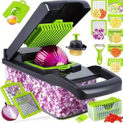 14/16pcs/Set, HQ Vegetable Chopper, Multifunctional Fruit Slicer, Handle Food Grater, Vegetable Slicer, Cutter With Container, Onion Mincer Chopper With Multiple Interchangeable Blades, Household Potato Shredder, Kitchen Stuff, Kitchen Gadgets Home Appliances Accessories Tools Christmas Stuff Cooking Christmas