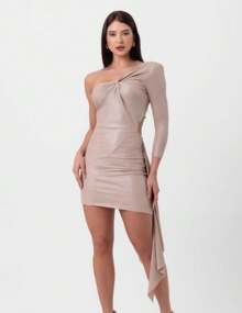 Short Lurex Dress With Train And Twist In Beige Labrava - 米色 - 查看 4