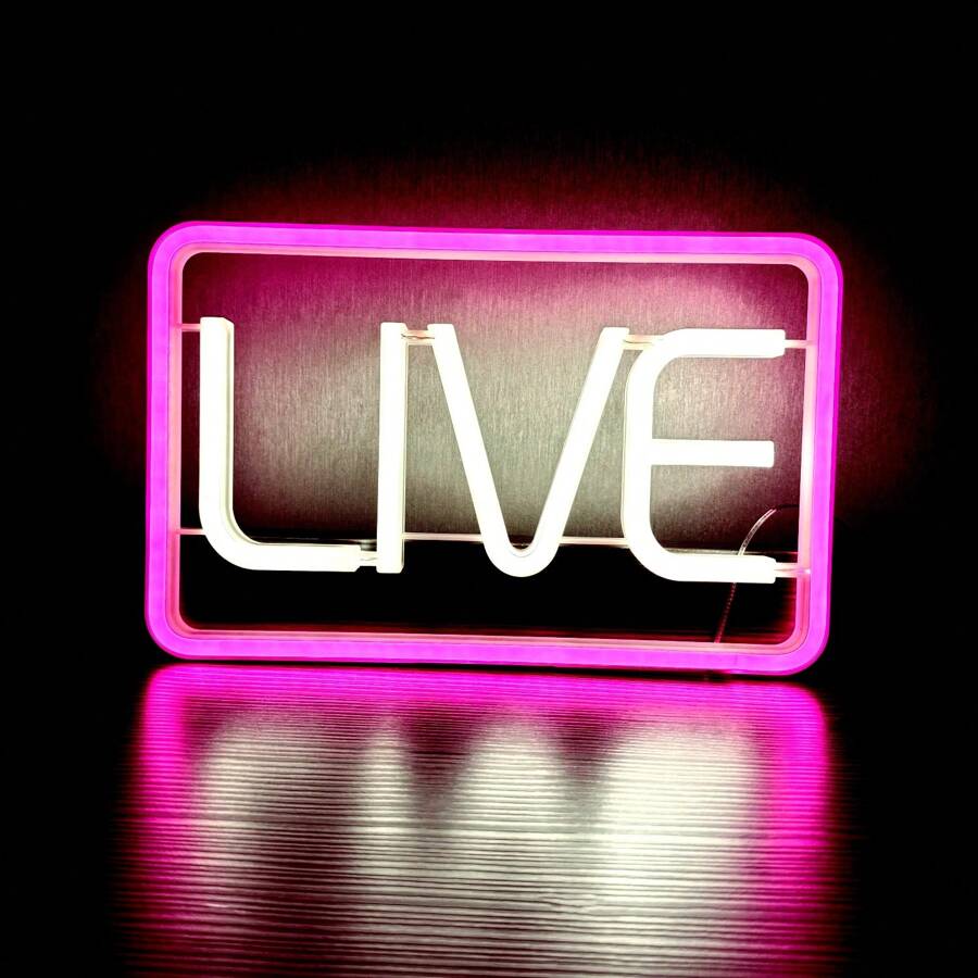 1 pieza Letrero de neón LIVE - 29x18.5cm (11.4x7.28in) USB & Caja de batería Alimentación dual Luz LED Multicolor Streaming/Gamer Letrero de neón LED Live Air - Letrero de grabación - Decoración de estudio, pared, dormitorio, sala de juegos Letrero LED cuadrado - Multicolor - Ver 1