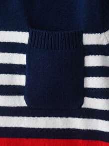 1 件男童/年轻男孩学院风拼色条纹毛衣，带口袋，适合度假 - 春季、秋季、冬季 - 紅色 - 查看 5