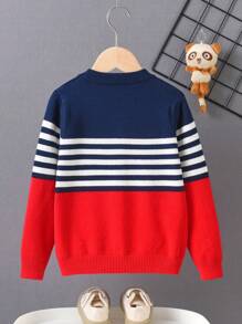 1 件男童/年轻男孩学院风拼色条纹毛衣，带口袋，适合度假 - 春季、秋季、冬季 - 紅色 - 查看 2