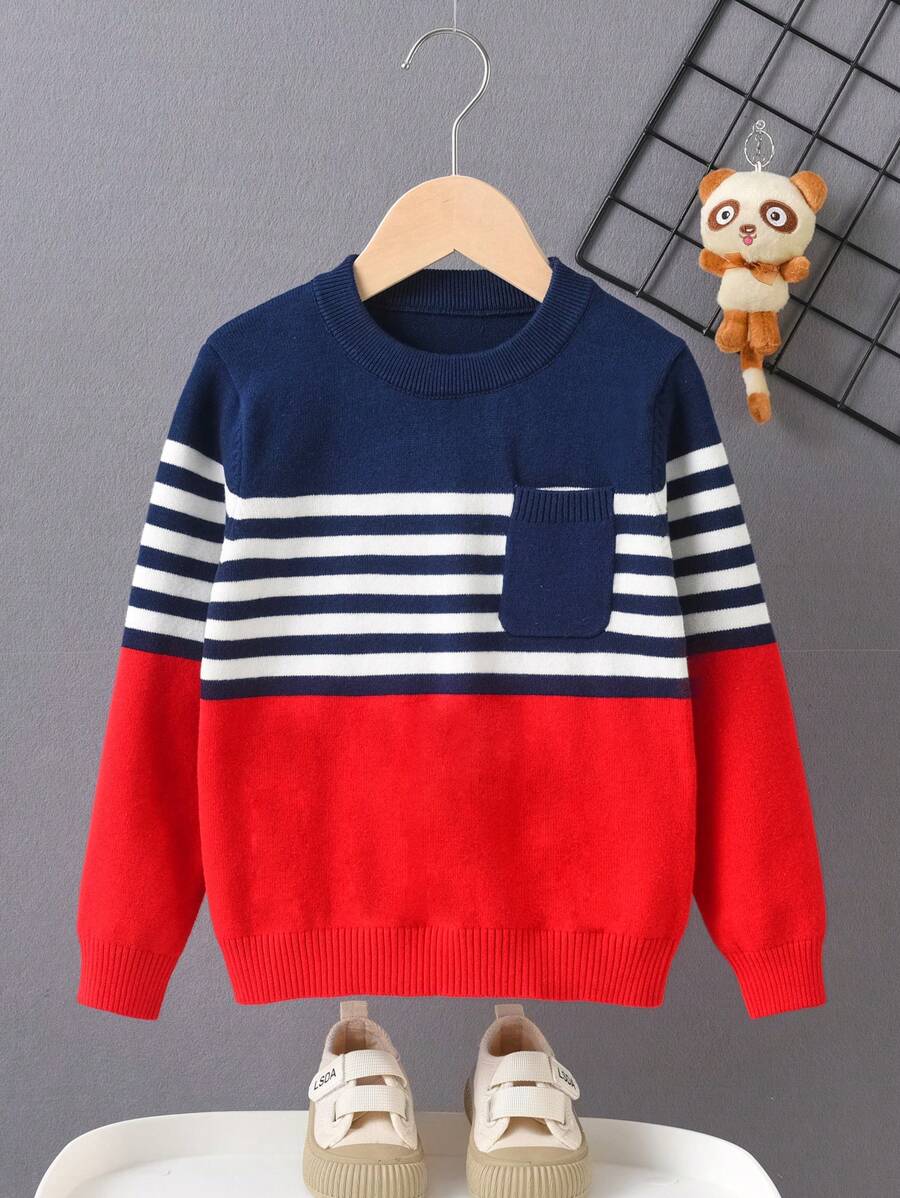 1 件男童/年轻男孩学院风拼色条纹毛衣，带口袋，适合度假 - 春季、秋季、冬季 - 紅色 - 查看 1