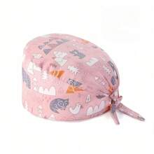 1pc Women Mountain & Water Print Cartoon Graffiti Polyester Printed Scrub Cap, Four Seasons Medical Worker Cap For Doctor, Nurse, Beauty Salon, Veterinary, Anti-Bacterial Dust Free Halloween