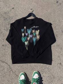 男式秋冬趣味涂鸦心形印花黑色圆领运动衫 - 黑色 - 查看 2