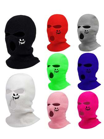 1 件 3 孔笑脸刺绣针织全脸罩滑雪面罩冬季拉法帽保暖针织全脸面罩适用于户外运动帽秋季装备
