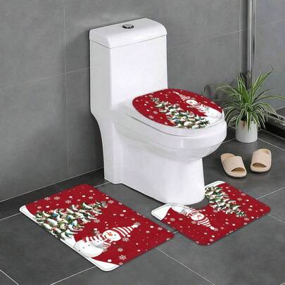 3PCS Christmas Snowman Christmas Tree Bathroom Set With Floor Mat, Toilet Cover, Bath Towels, Winter Snowman Christmas Tree Bathroom Set, Winter Christmas Snowman Bathroom Decoration, Christmas Home Gifts Bath Rug Floor Carpet Outdoor Rug Door Mat Fall Decor Bathroom Accessories Back To School