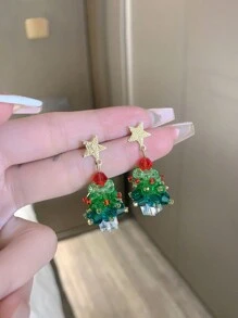 1 Pasang Anting Gantung Pohon Natal Kristal & Anyaman, Dekorasi Pesta Liburan yang Berkilau - Hijau - View 2