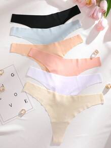 6pcs/Pack Women's V-Shape Waistline Design Seamless Low-Rise Thong Panties, Multi-Color Options - Multicolor - View 3