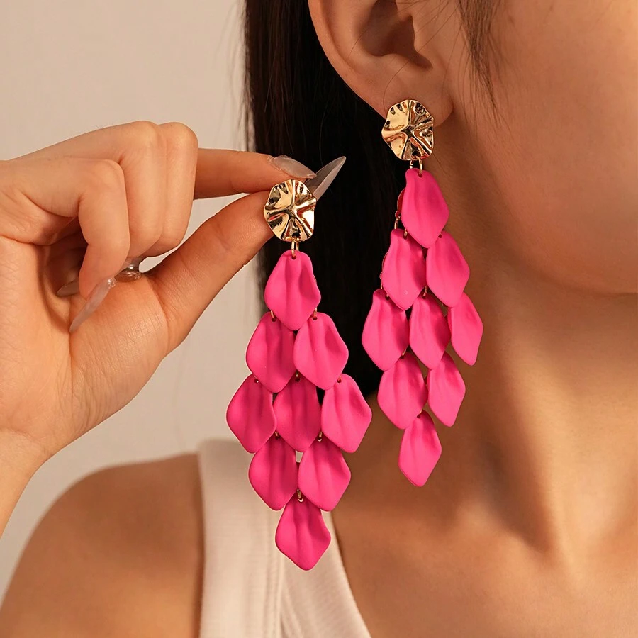 Andkiss 1 对玫瑰花瓣设计奢华感小众休闲耳环 - 粉色 - 查看 1