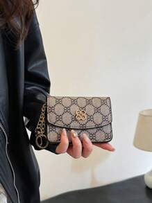 新款女士卡其色 PU 皮革花卉印花短款经典复古时尚纽扣硬币多功能钱包简约手拿包礼品卡包带可拆卸链条 PU 皮革 S 女士钱包钱包小钱包 - 彩色 - 查看 8