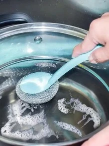 Stainless Steel Velvet Scrubber With Non-Slip Handle - Heavy Duty Metal Scrub Pad For Kitchen, Bathroom And Toilet, Manual Dishwasher With Replaceable Sponge