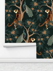 Vinyl Tiger And Peacock Wallpaper, Peel And Stick, Waterproof, Removable, Classic Animal Pattern, Self-Adhesive Wall Decor, Straight Stripes, Home Mural - 17.7 Inches X 78.7 Inches / 118.1 Inches - Multicolor - View 10