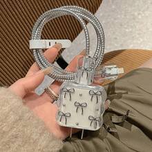 5 件套钢珠蝴蝶结/蝴蝶/花朵/心形线缆保护器，18-20W 兼容 苹果充电器手机数据线防摔保护壳 - 銀色 - 查看 11