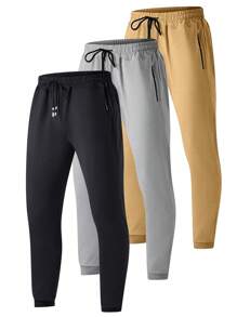 3 Pcs Mens Jogger Sweatpants With Drawstring Zipped Pockets Athletic Track Pants For Gym Running Workout - Black+Lightgrey+Khaki - View 2