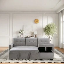 77 Inch Reversible Sectional Storage Sleeper Sofa Bed, L-Shape 2 Seat Sectional Chaise With Storage, Skin-Feeling Velvet Fabric, Light Grey Color For Living Room Furniture - XÁM NHẠT + Vải + 3 Ghế như hình - Xem 4