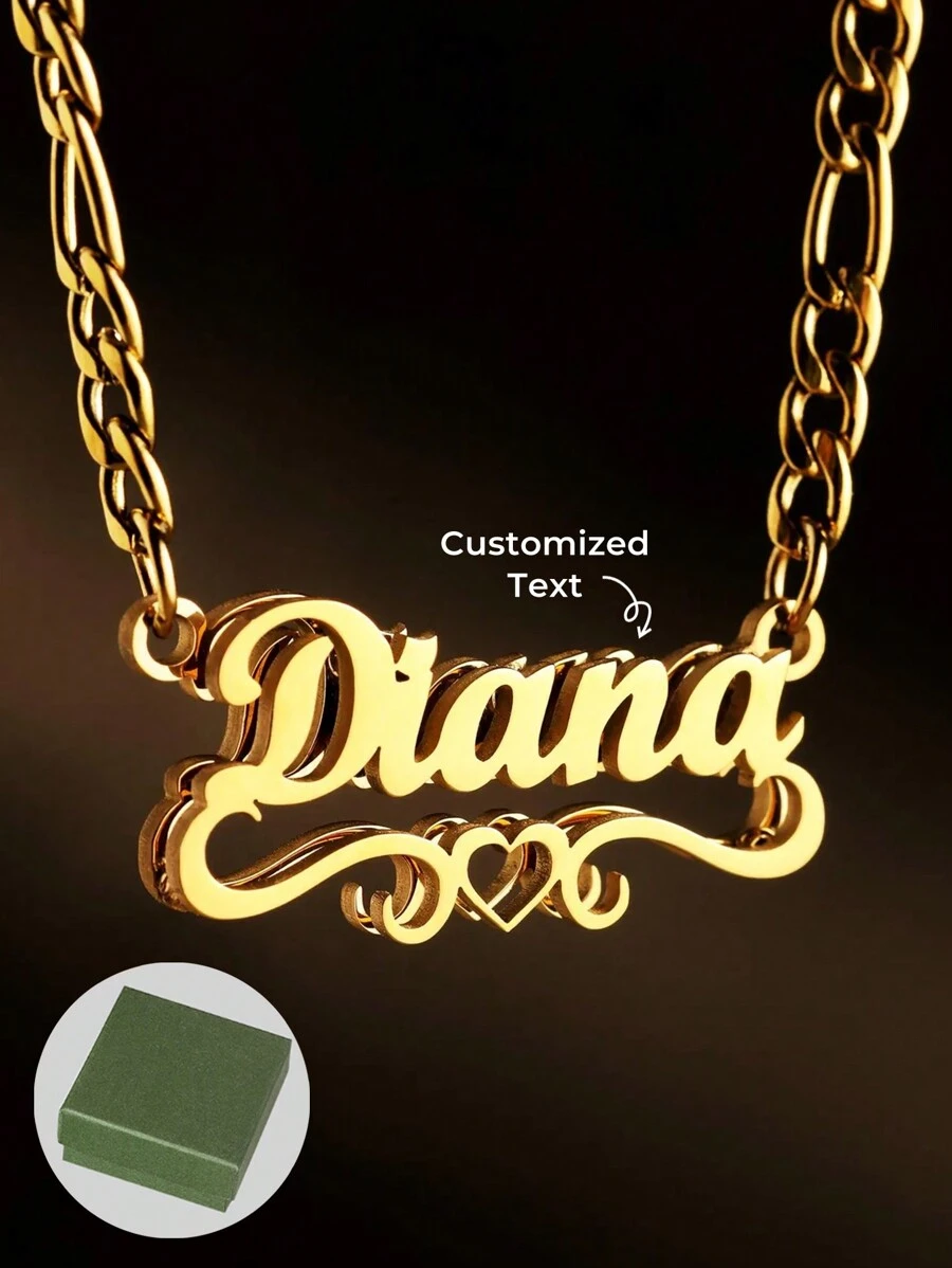 1pc 18k Gold Stainless Steel Necklace Accessory, Name Necklace, Double Plated Name Necklace, Custom 3D Name Plate Necklace, Gold Nameplate Necklace, Heart Hollow Necklace With Exquisite Gift Box, Gift For Her