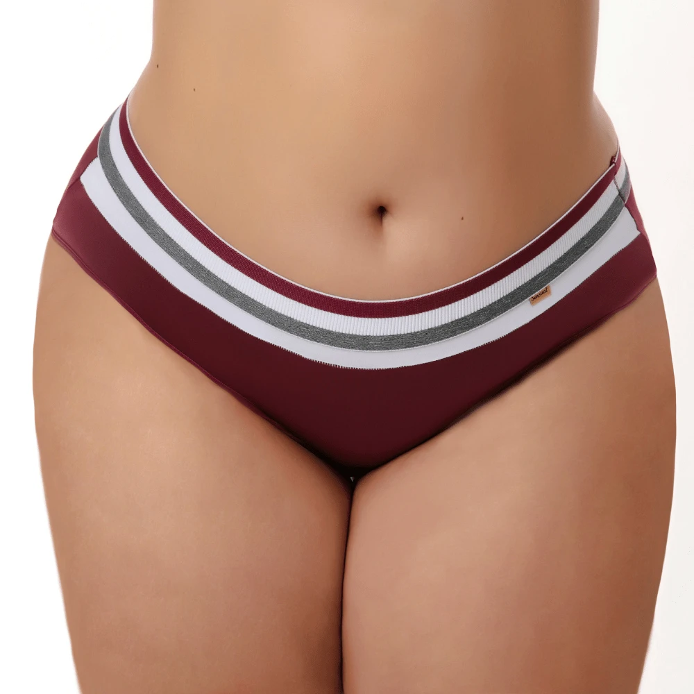 High Waist Plus Size Tricolor Panties 100% Cotton Lining Comfortable Women's Lingerie - 酒紅色 - 查看 1