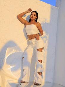 Rock Rio Festival Set - Cut-Out Trousers + Strapless Crop Top Rave Sexy - 白色 - 查看 2