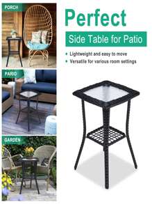 2-Story Outdoor Wicker Glass Top Table With Storage Space And Patio Decor Furniture