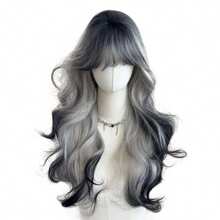 黑白渐变长波浪假发 女士长卷发假发 带刘海 合成假发 万圣节派对 20 英寸 - 漸層 - 查看 4