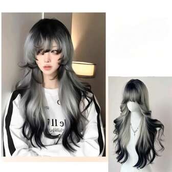 Black White Gradient Long Wavy Wig For Women Long Curly Wig With Bangs Synthetic Wig Halloween Party 20inch