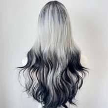 黑白渐变长波浪假发 女士长卷发假发 带刘海 合成假发 万圣节派对 20 英寸 - 漸層 - 查看 2