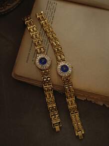 1 Đồng hồ thời trang hình vuông cổ điển tông vàng đính đá Rhinestone & Zirconia cho nữ, dây đeo bằng thép không gỉ, thích hợp để đeo hàng ngày, dự tiệc, tụ họp và sự kiện - Bao gồm công cụ điều chỉnh - Màu xanh lam - Xem 6