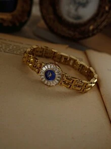 1 Đồng hồ thời trang hình vuông cổ điển tông vàng đính đá Rhinestone & Zirconia cho nữ, dây đeo bằng thép không gỉ, thích hợp để đeo hàng ngày, dự tiệc, tụ họp và sự kiện - Bao gồm công cụ điều chỉnh - Màu xanh lam - Xem 2