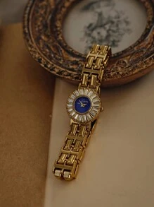 1 Đồng hồ thời trang hình vuông cổ điển tông vàng đính đá Rhinestone & Zirconia cho nữ, dây đeo bằng thép không gỉ, thích hợp để đeo hàng ngày, dự tiệc, tụ họp và sự kiện - Bao gồm công cụ điều chỉnh - Màu xanh lam - Xem 7
