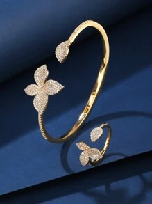 2pcs Copper Bangle And Ring Jewelry Set, Flower Zirconia Design, Fashionable And Charming, Suitable For Gift And Daily Wear Valentines,Mom,Mother,Mother's Day,Gift - 020604 - View 7