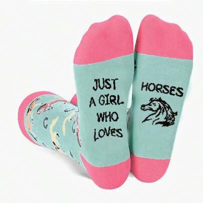 1 Pair Unisex "Just A Girl Who Loves Horses" Letter Print Socks, Soft Breathable Warm Crew Socks For Autumn & Winter, Large Size, Fall
