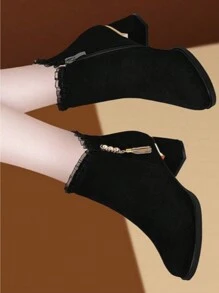 2025 秋冬新款圆头水钻低跟粗跟仿麂皮女式踝靴 - 黑色 - 查看 10