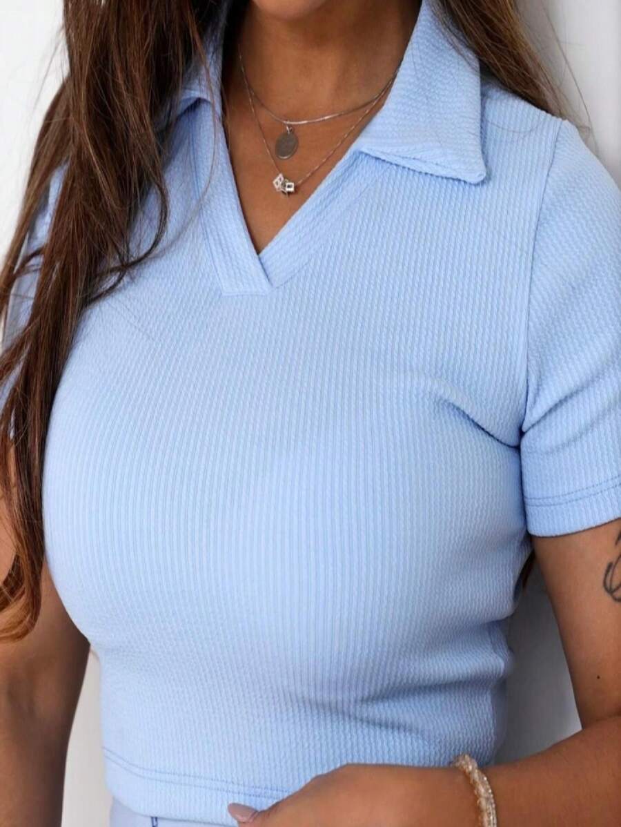 Women's Basic Plain Knit Top Blouse - 淺藍色 - 查看 1