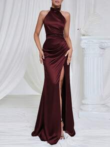 Vintage Elegant High Collar Halter Satin Slit Fishtail Evening Dress Wedding Party - Burgundy - View 7