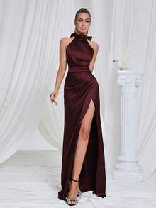 Vintage Elegant High Collar Halter Satin Slit Fishtail Evening Dress Wedding Party - Burgundy - View 5