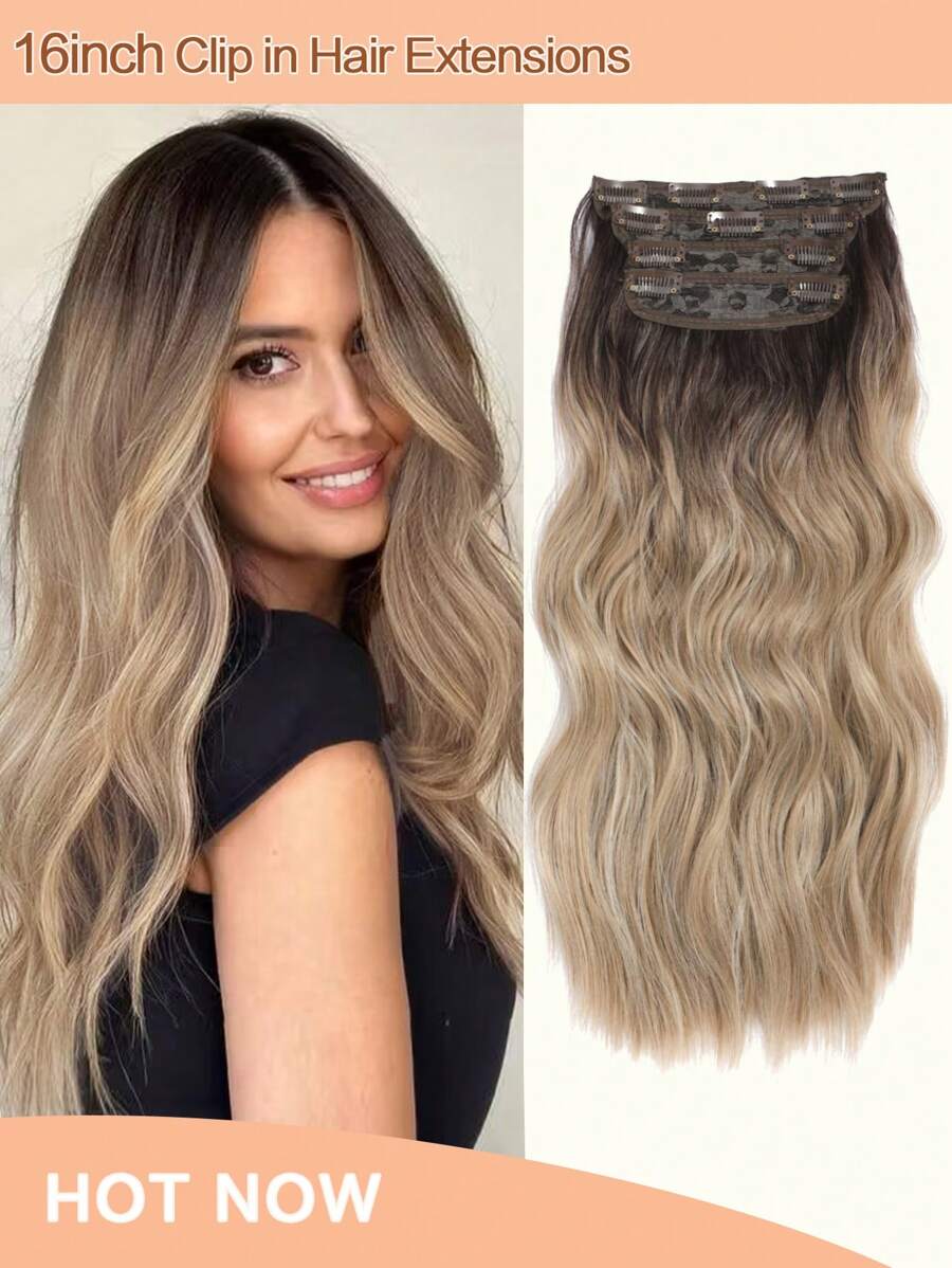 4PCS Clip In Hair Extensions 16inch Wavy Hair Extensions Clip Ins Ombre Dark Blonde Hair Extensions Full Head Synthetic Hair Pieces For Women Natural Luster - Ombre - View 1