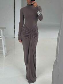 Elegant Ruched Solid Color Slim Waist Dress For Women - Coffee - View 7