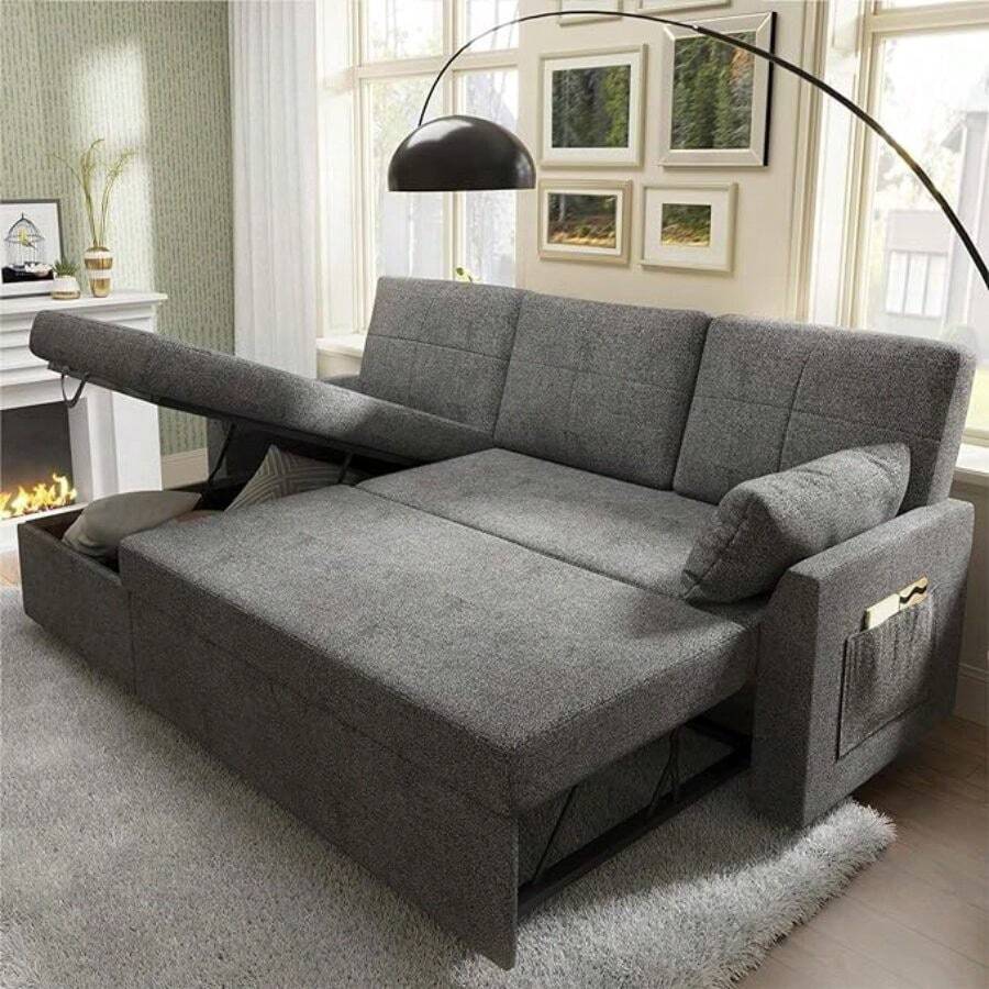 Sofa Bed, Sofa Sleeper With Storage Chaise, L Shape Pull Out Couch Bed, Oversized Sofas For Living Room-Grey Linen - 灰色 - 查看 1
