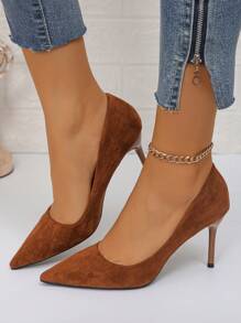 2023 年新款尖头高跟鞋，不疲劳专业通勤优质绒面革百搭低帮女式高跟鞋，性感 - 棕色 - 查看 4