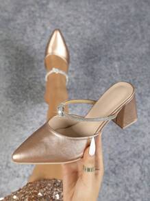 Tacones altos casuales de taco de bloque de punta puntiaguda para el trabajo para mujer - Champán - Ver 1