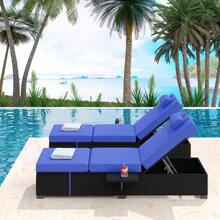 Outdoor PE Wicker Chaise Lounge Chairs Set Of 2 Patio Lounge Chairs Patio Rattan Reclining Chair Chaise Lounge Chair Outdoor Pool Furniture Rattan Recliners With Adjustable Backrest,Storage Table - Blue - View 2