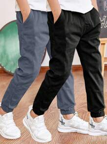 2条装青少年男童宽松休闲舒适户外运动工装裤，适合返校季、春夏秋冬穿着 - 黑色 - 查看 2