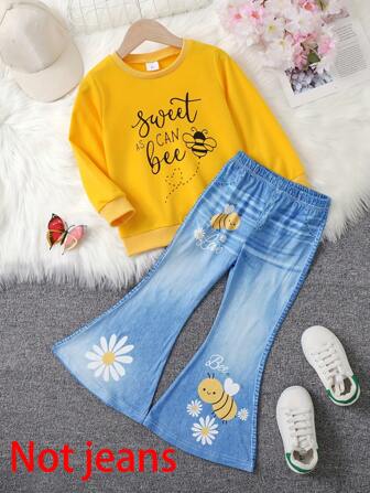2 件年轻女孩休闲“甜美如蜜蜂”字母、花卉印花柔软针织运动衫（牛仔效果）和裤子套装，秋冬